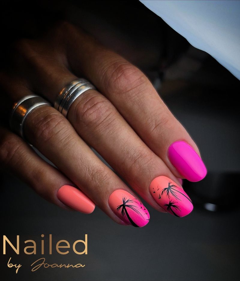 Coral and pink with painted palm trees
