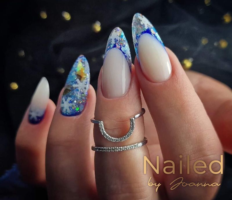 Competition work: oval nails with blue glitter French