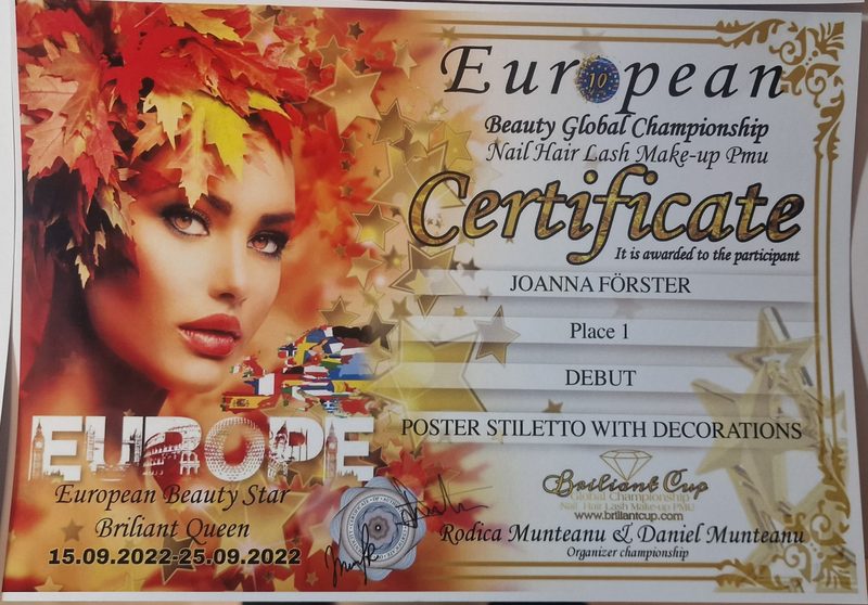 Certificate, European Beauty Global Championship: place 1, Stiletto with Decorations