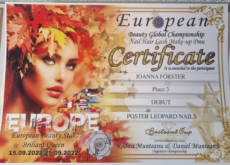 Certificate, European Beauty Global Championship: place 3, Leopard Nails