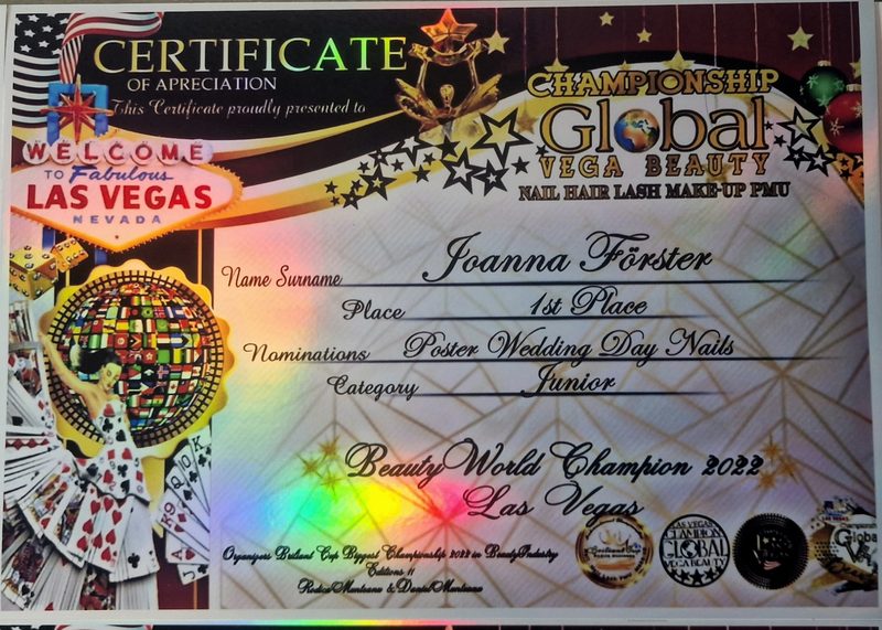 Certificate, Global Vega Beauty Championship Las Vegas: place 1, Wedding Day Nails