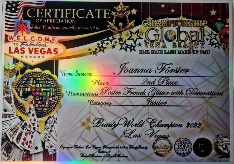 Certificate, Global Vega Beauty Championship Las Vegas: place 2, French Glitter with Decorations