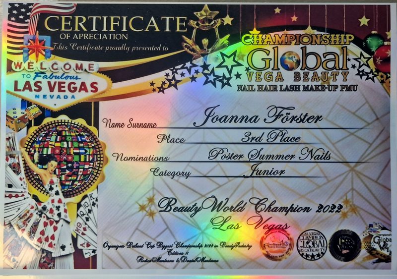 Certificate, Global Vega Beauty Championship Las Vegas: place 3, Summer Nails