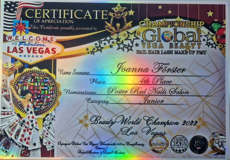 Certificate, Global Vega Beauty Championship Las Vegas: place 4, Red Nails Salon