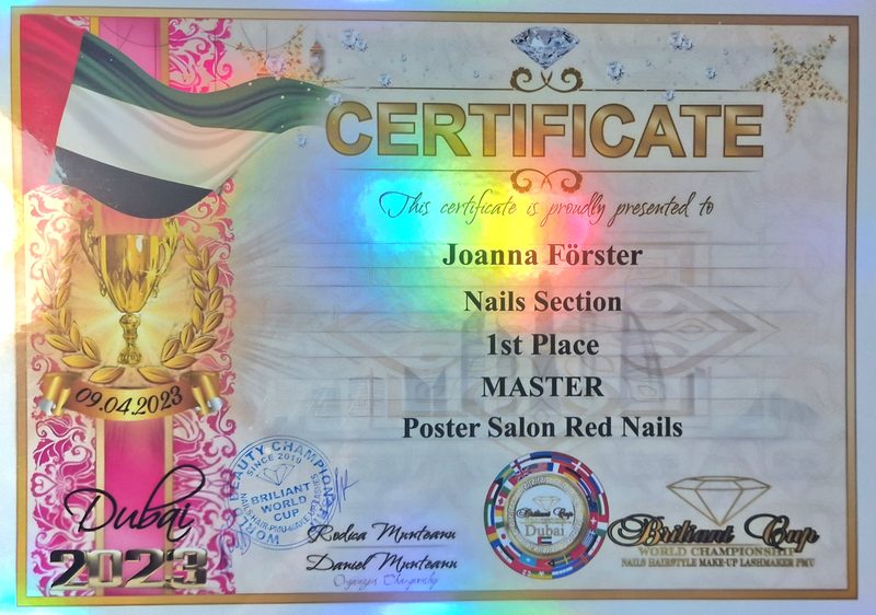 Certificate, Brilliant World Cup Dubai: place 1, Salon Red Nails