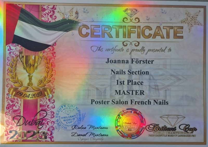 Certificate, Brilliant World Cup Dubai: place 1, Salon French Nails