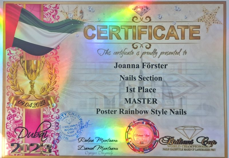 Certificate, Brilliant World Cup Dubai: place 1, Rainbow Style Nails